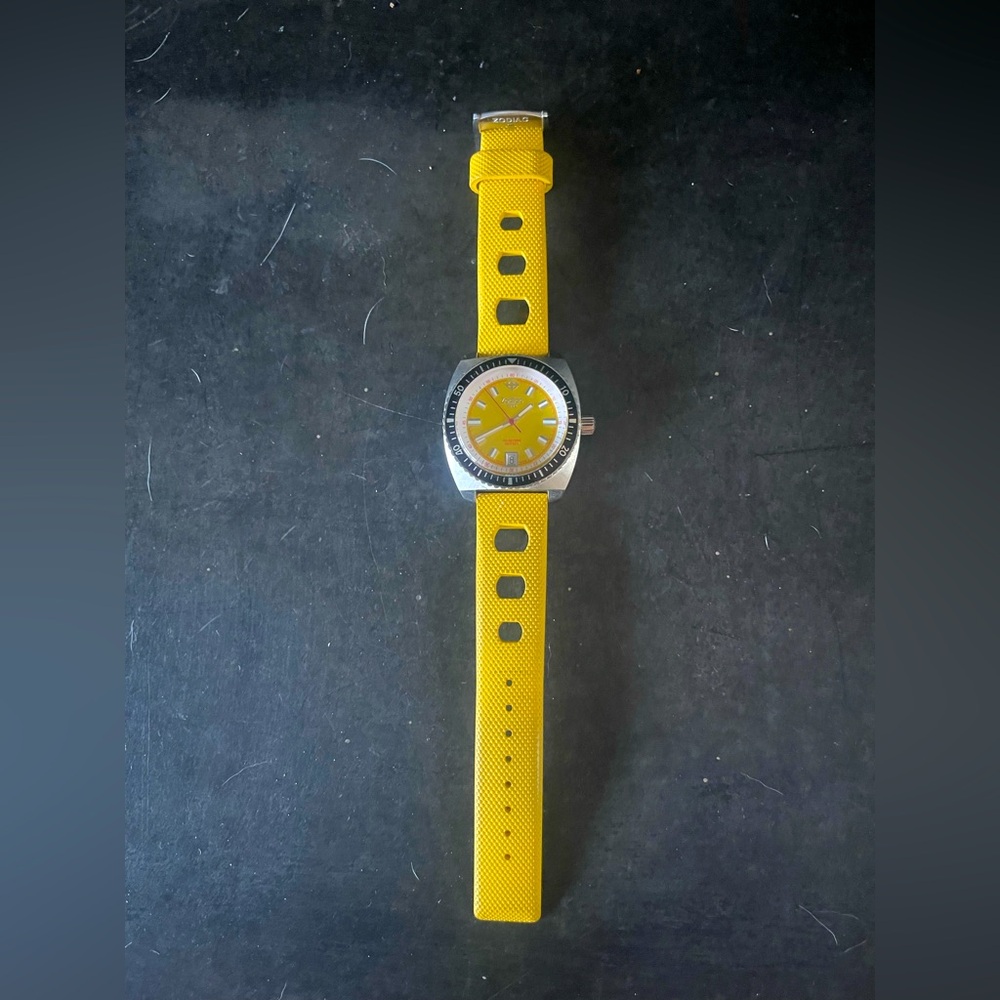 Zodiac Sea Dragon chronograph watch with rubber watch band.